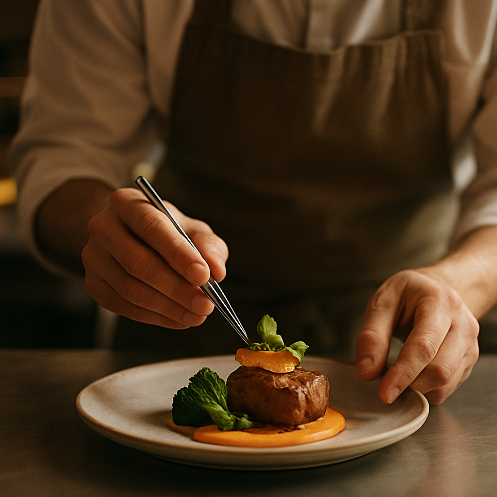 A chef plating dishes in a warm kitchen